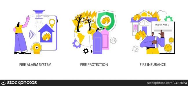 Building emergency protection abstract concept vector illustration set. Fire alarm system, fire protection and insurance, smoke sensor detector, water spraying, damage coverage abstract metaphor.. Building emergency protection abstract concept vector illustrations.