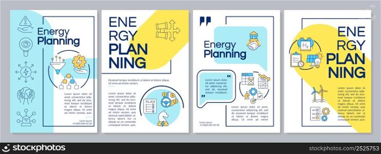 Building energy strategy blue and yellow brochure template. Renewable resources. Leaflet design with linear icons. 4 vector layouts for presentation, annual reports. Questrial, Lato-Regular fonts used. Building energy strategy blue and yellow brochure template