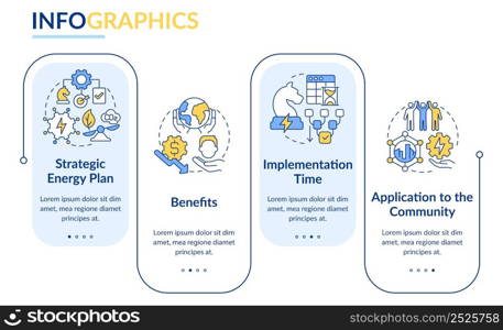 Building energy strategy rectangle infographic template. Benefits. Data visualization with 4 steps. Process timeline info chart. Workflow layout with line icons. Lato-Bold, Regular fonts used. Building energy strategy rectangle infographic template