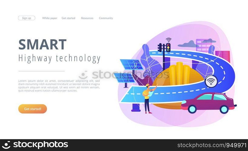 Building engineer and smart road using sensors and solar energy. Smart roads construction, smart highway technology, IoT city technology concept. Website vibrant violet landing web page template.. Smart roads construction concept landing page.