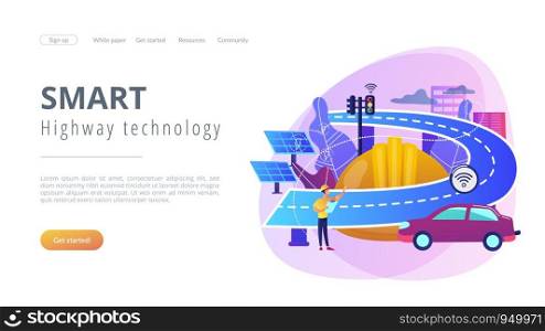 Building engineer and smart road using sensors and solar energy. Smart roads construction, smart highway technology, IoT city technology concept. Website vibrant violet landing web page template.. Smart roads construction concept landing page.
