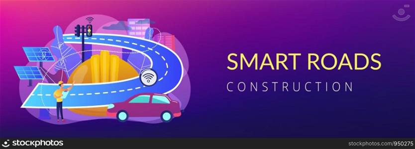 Building engineer and smart road using sensors and solar energy. Smart roads construction, smart highway technology, IoT city technology concept. Header or footer banner template with copy space.. Smart roads construction concept banner header.