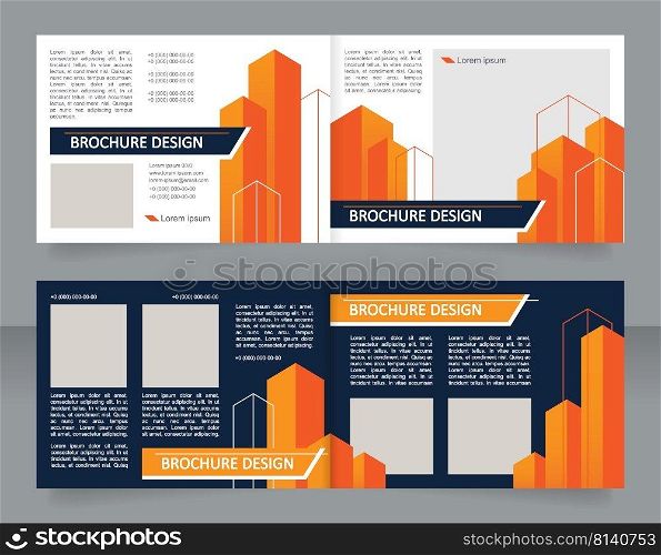 Building engineering business company bifold brochure template design. Half fold booklet mockup set with copy space for text. Editable 2 paper page leaflets. Arial Regular, Calibri Bold fonts used. Building engineering business company bifold brochure template design