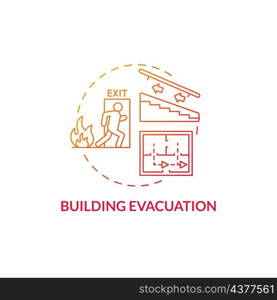 Building evacuation red gradient concept icon. Emergency exit plan for disaster abstract idea thin line illustration. Isolated outline drawing. Roboto-Medium, Myriad Pro-Bold fonts used. Building evacuation red gradient concept icon