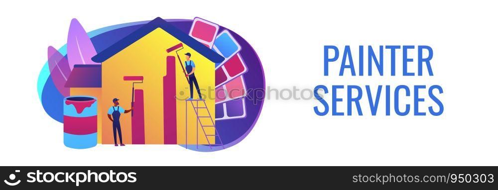 Building exterior renovation. Painter services, best residential and commercial painting, interior and exterior house painters concept. Header or footer banner template with copy space.. Painter services concept banner header