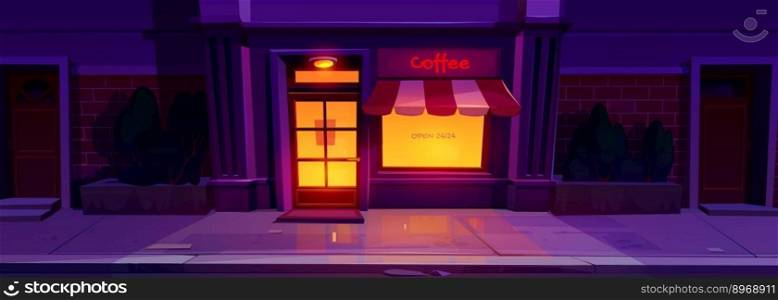 Building exterior with coffee shop or cafe entrance at night. 24 hour open restaurant or diner with lit door and windows on empty dark city street, vector cartoon illustration. Coffee shop or cafe entrance at night