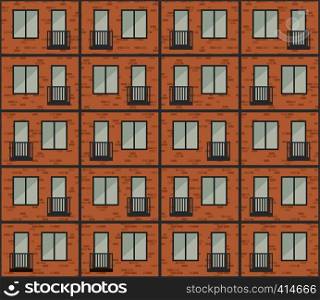 Building facade seamless pattern. Brickwall of building with windows and balconies.. Building facade pattern