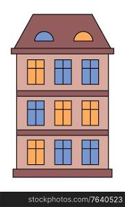 Building facade vector, isolated icon of house with windows and light in them. Evening home in city or village. Construction for town design. Exterior of estate in night time, flat style illustration. House in Evening, Building Exterior with Windows