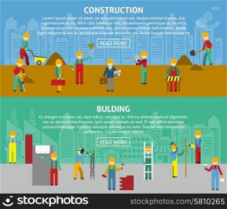 Building Flat Horizontal Banner Set . Building and construction with workers and text flat color horizontal banner set isolated vector illustration