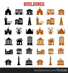 Building flat icons set with black and yellow house bank store, office factory school, hospital church apartment gas station, museum tv tower garage farm mosque castle lighthouse and wind mill. Black and yellow flat building icons