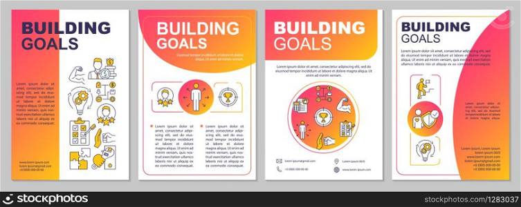 Building goals brochure template. Increase income. Strategy planning. Flyer, booklet, leaflet print, cover design with linear icons. Vector layouts for magazines, annual reports, advertising posters
