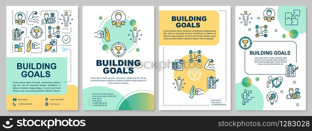 Building goals brochure template. Self-development practice. Flyer, booklet, leaflet print, cover design with linear icons. Vector layouts for magazines, annual reports, advertising posters