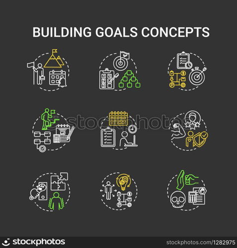 Building goals chalk RGB color concept icons set. Priorities and efficiency. Setting target to achieve. Self-development idea. Vector isolated chalkboard illustrations on black background