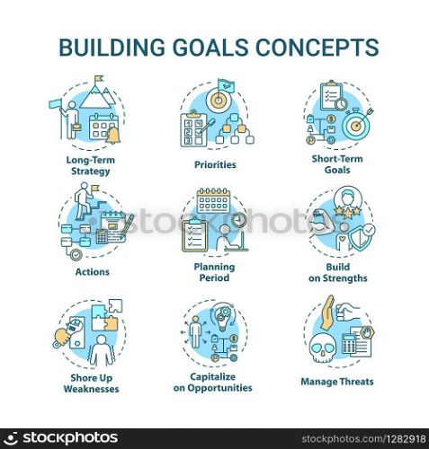 Building goals concept icons set. Setting target to achieve. Improving performance. Self-development idea thin line RGB color illustrations. Vector isolated outline drawings. Editable stroke