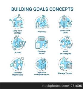 Building goals concept icons set. Setting target to achieve. Managing threat. Self-development idea thin line RGB color illustrations. Vector isolated outline drawings. Editable stroke