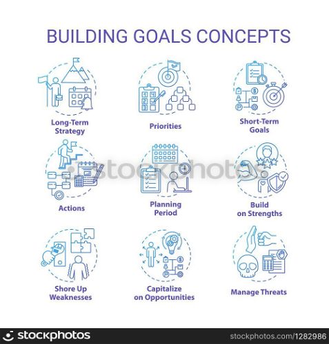Building goals concept icons set. Setting target to achieve. SWOT strategies. Self-development idea thin line RGB color illustrations. Vector isolated outline drawings. Editable stroke