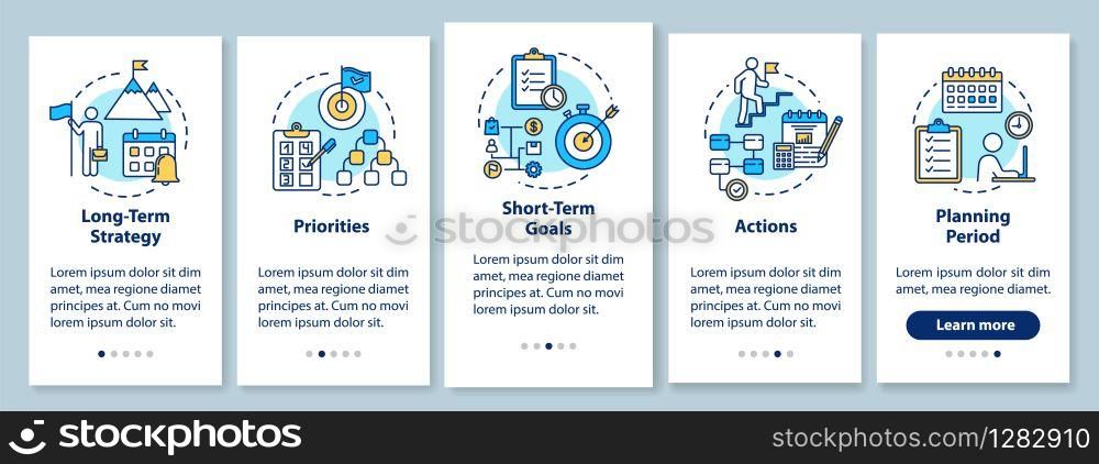 Building goals onboarding mobile app page screen with concepts. Business planning. Self-development walkthrough 5 steps graphic instructions. UI vector template with RGB color illustrations