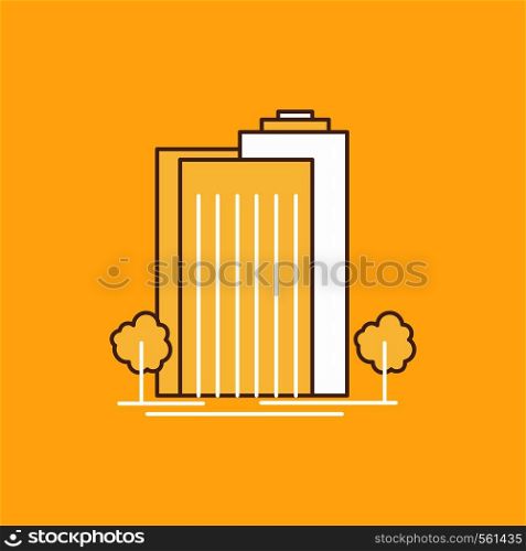 Building, Green, Plant, City, Smart Flat Line Filled Icon. Beautiful Logo button over yellow background for UI and UX, website or mobile application. Vector EPS10 Abstract Template background
