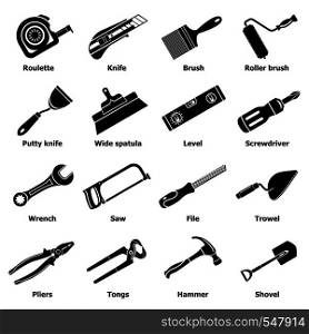 Building hand tool icons set. Simple illustration of 16 building hand tool vector icons for web. Building hand tool icons set, simple style