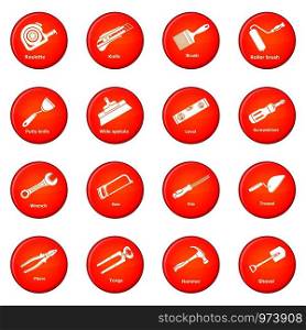 Building hand tool icons set vector red circle isolated on white background . Building hand tool icons set red vector