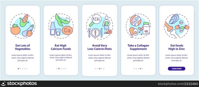 Building healthy bones onboarding mobile app screen. High calcium foods walkthrough 5 steps graphic instructions pages with linear concepts. UI, UX, GUI template. Myriad Pro-Bold, Regular fonts used. Building healthy bones onboarding mobile app screen