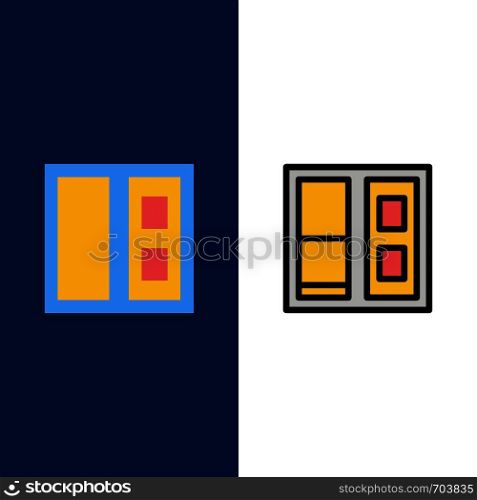 Building, House, Door Icons. Flat and Line Filled Icon Set Vector Blue Background