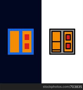 Building, House, Door Icons. Flat and Line Filled Icon Set Vector Blue Background
