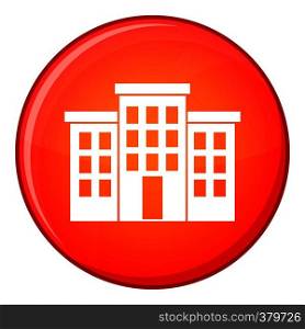 Building icon in red circle isolated on white background vector illustration. Building icon, flat style