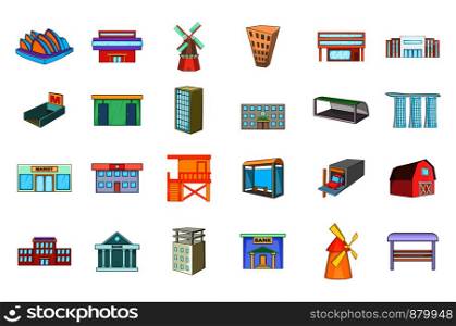 Building icon set. Cartoon set of building vector icons for web design isolated on white background. Building icon set, cartoon style