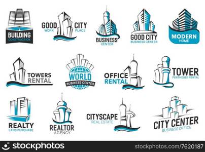 Building icons of real estate agency, construction corporation and business office rent company. Vector city houses, world trade centers and urban residential penthouses line signs. Building corporate identity real estate icons