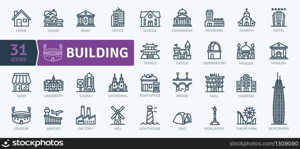 Building Icons Pack. Thin line architecture icons set. Flaticon collection set. Simple vector icons