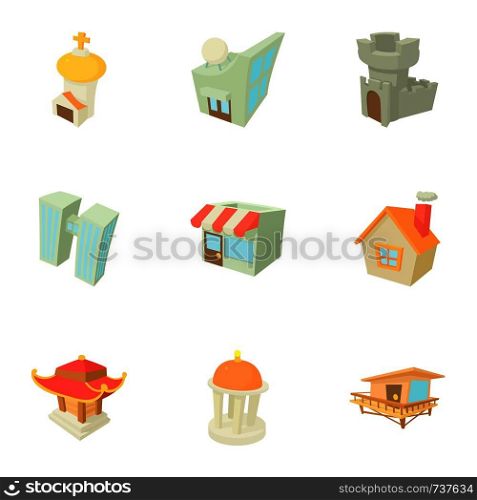Building icons set. Cartoon set of 9 building vector icons for web isolated on white background. Building icons set, cartoon style