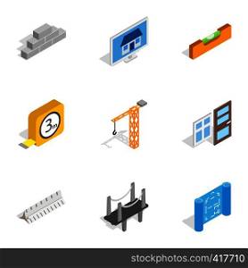 Building icons set. Isometric 3d illustration of 9 building vector icons for web. Building icons, isometric 3d style