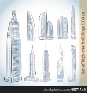 Building icons set of modern skyscrapers isolated sketch vector illustration