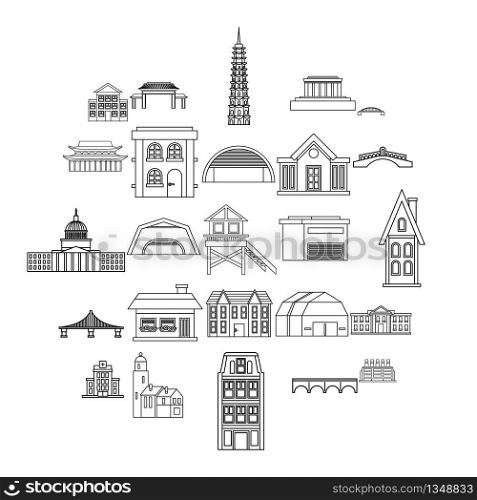Building icons set. Outline set of 25 building vector icons for web isolated on white background. Building icons set, outline style