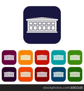 Building icons set vector illustration in flat style in colors red, blue, green, and other. Building icons set