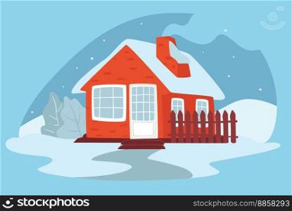 Building in village or countryside surrounded by snow masses, frosty and chilly weather. House with chimney and smoke, blizzard and snowfall, bushes in yard and fence by apartment. Vector in flat . House surrounded by snow and blizzard vectors