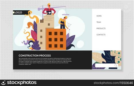 Building industry construction process online web page template vector concrete house constructor or builder Internet site urban architecture and real estate skyscraper structure and engineers. Construction process online web page template building industry