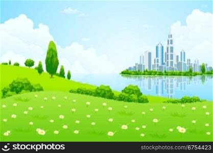 building, landscape, tree, city, skyscraper, office, cloudscape, cloud, lake, meadow, green, grass, spring, flower, field, summer, blue, plant, nature, outdoor, rural, scenic, lush, foliage, leaf, sky, vector, horizon, chamomile, illustration, land, hill, environment