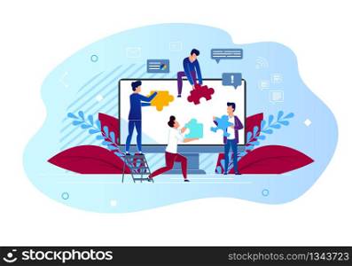 Building Layout for Site or Landing Page Cartoon. Close-up Large Computer Screen, Small People Assemble Puzzle Large Elements. Men Happily Work Together. Vector Illustration on White Background.