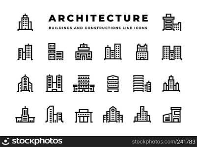 Building line icons. Cityscape with skyscrapers business centers and modern offices hotels and townhouses. Vector outline buildings. Building line icons. Cityscape with skyscrapers business centers and modern offices hotels and townhouses