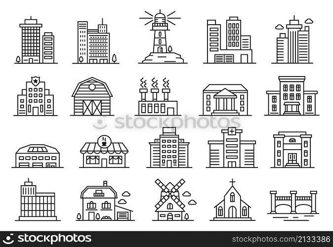 Building line icons, government house, factory, city office buildings. Residential and industrial architecture, urban buildings vector set. Apartments, plants and commercial buildings. Building line icons, government house, factory, city office buildings. Residential and industrial architecture, urban buildings vector set