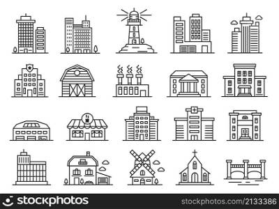 Building line icons, government house, factory, city office buildings. Residential and industrial architecture, urban buildings vector set. Apartments, plants and commercial buildings. Building line icons, government house, factory, city office buildings. Residential and industrial architecture, urban buildings vector set