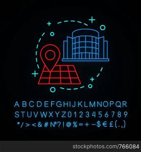 Building location neon light concept icon. Shopping mall, business center, office location idea. Route searching. GPS navigation. Glowing sign with alphabet, numbers. Vector isolated illustration. Building location neon light concept icon