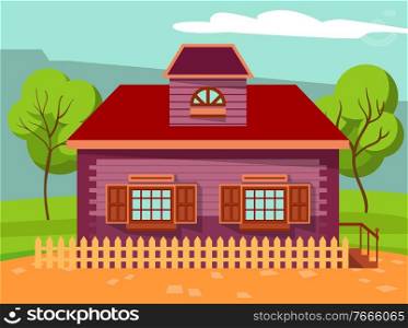 Building made of wooden material vector. Rural area or small town with greenery of nature. Home with trees and fence. Spring or summer season in city. House with windows and porch flat style. House in Rural Area, Village or Town Building