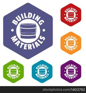 Building material icons vector colorful hexahedron set collection isolated on white . Building material icons vector hexahedron