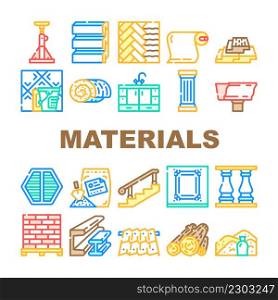 Building Materials And Supplies Icons Set Vector. Brick And Sand, Lumber And Plywood, Flooring And Roof Building Materials Line. Kitchen And Bath Cabinets Furniture Color Illustrations. Building Materials And Supplies Icons Set Vector