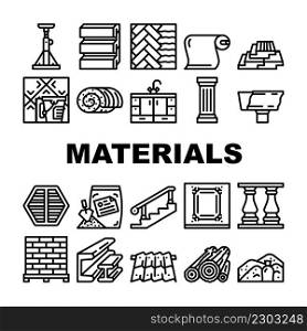 Building Materials And Supplies Icons Set Vector. Brick And Sand, Lumber And Plywood, Flooring And Roof Building Materials Line. Kitchen And Bath Cabinets Furniture Black Contour Illustrations. Building Materials And Supplies Icons Set Vector