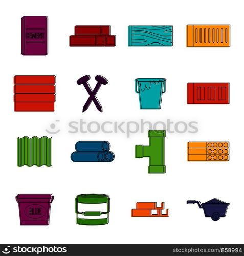 Building materials icons set. Doodle illustration of vector icons isolated on white background for any web design. Building materials icons doodle set
