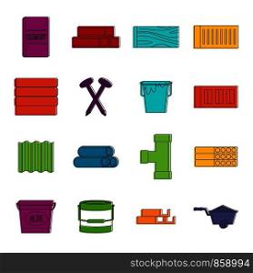 Building materials icons set. Doodle illustration of vector icons isolated on white background for any web design. Building materials icons doodle set